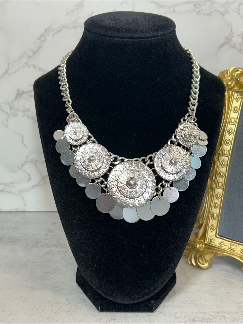 Silver Coin Medallion Statement Necklace - Women Jewelry